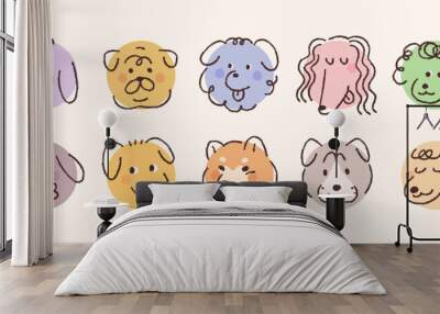 Cute dog face pictogram icon. A collection of simple face stickers drawn with pencil lines on a circle. Wall mural