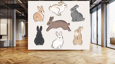 Rabbits with different fur patterns. A set of cute rabbit illustrations in various poses. Wall mural