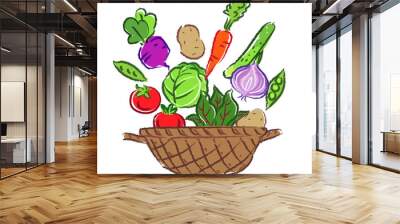 Vegetable basket. Cute vegetable vector illustrations in hand drawn style. Wall mural