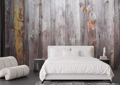 Texture of gray beige old smooth wood. Plank fence Wall mural