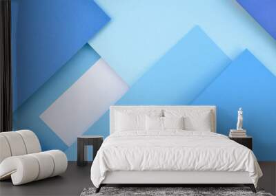 Abstract geometric paper texture background. Parallel ombre blue layers with shadows. Flat lay Wall mural