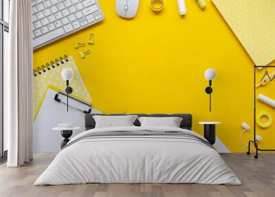 Top view border frame Home working table on a yellow background. Minimal style Copy space. Top view stay and work at home concept Wall mural