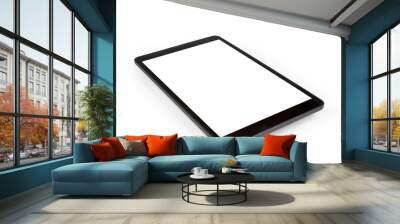 Black tablet computer with blank white screen mockup lies on the surface, isolated on white background with clipping path Wall mural