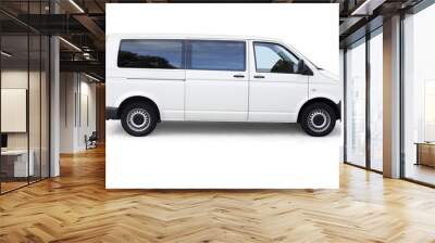 White van with windows on white background isolated with clipping path. White dropping shadow minivan on white Wall mural