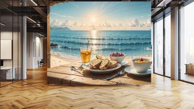 Breakfast on the beach at sunset. Healthy breakfast on the beach. Wall mural