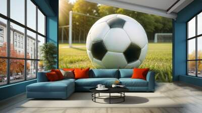 Soccer ball on the field with green grass and blue sky background Wall mural