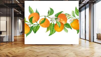 Mandarin Garland Branches Vector Illustration. Vintage Fruits, Flowers and Leaves Greenery Wall mural