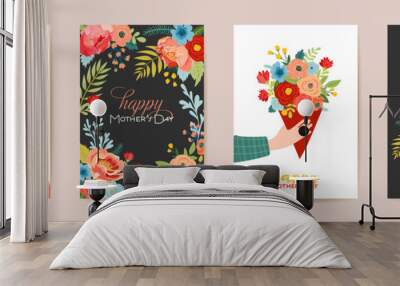 Mothers Day Beautiful Greeting Card Set. Spring Happy Mother Day Holiday Banner with Flowers Wall mural