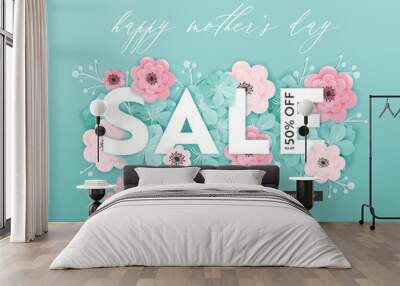 Mothers Day Sale Design. Spring Promo Discount Banner Template with Paper Cut Flowers for Flyer, Poster, Voucher Advertising. Vector illustration Wall mural