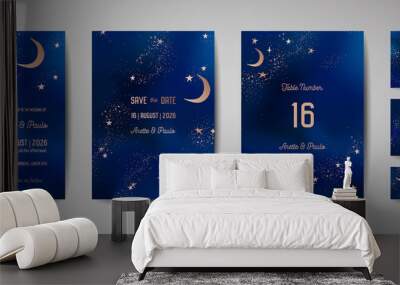 Mystical Night sky background with half moon and stars. Wedding moonlight night Invitation and Save the Date Card in vector Wall mural