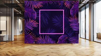 Palm neon leaves poster, vector tropic vibrant purple design illustration, jungle summer disco party frame Wall mural