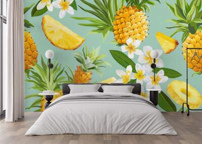 Pineapple and Tropical Flowers Seamless Pattern, Vector Fashion Exotic Background, Plumeria Fruits Texture Wall mural