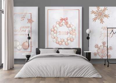 Set of Elegant Merry Christmas and New Year 2019 Cards with Shining Rose Gold Glitter Christmas Balls, Stars, Snowflakes for greetings, invitation, flyer, brochure, cover in vector Wall mural