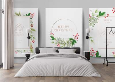 Set of Elegant Merry Christmas and New Year 2020 Cards with Pine Wreath, Mistletoe, Winter plants design illustration for greetings, invitation 2019, flyer, brochure, cover in vector Wall mural