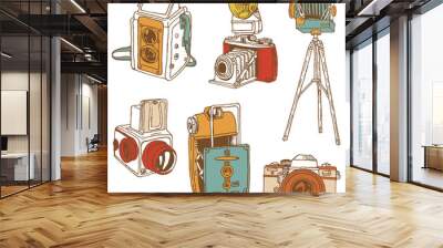 Set of Photo Cameras - hand-drawn doodles in vector Wall mural