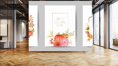 Set of Thanksgiving Day greeting, invitation card, flyer, banner, poster template. Autumn pumpkin, flower, leaves, floral design elements. Vector illustration Wall mural