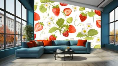 Strawberry Background with flowers, wild berries, leaves. Vector seamless texture illustration for summer cover Wall mural