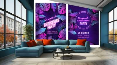 Tropic Christmas party neon flyer set, vibrant vector New Year holiday poster. Disco monstera palm leaves design Wall mural