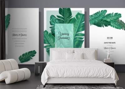 Tropical trendy greeting or invitation card template design, set of poster, flyer, brochure, cover, party advertisement, dark green palm leaves in vector Wall mural