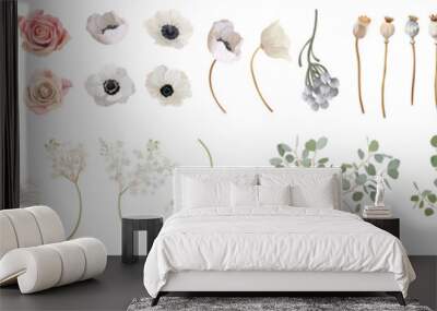 Vector flowers and leaves, dried anemone, wedding roses, pampas grass, eucalyptus greenery Wall mural