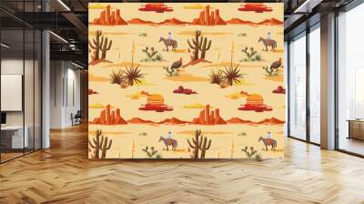 Vintage beautiful seamless desert illustration pattern. Landscape with cactus, mountains, cowboy on horse, sunset vector hand drawn style background Wall mural