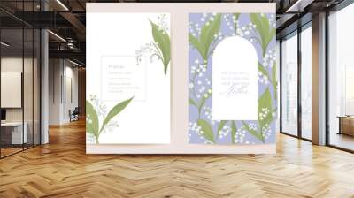 Watercolor Mother day card set. Greeting mom minimal postcard design. Vector white lily flowers template Wall mural