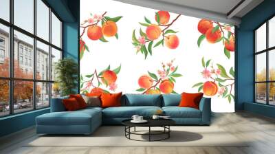 watercolor peach vector branches set. hand drawn fruit, flowers, leaves and sliced pieces Wall mural