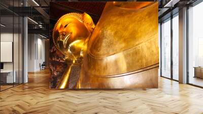 Reclining Golden Buddha Statue in Thai temple Wall mural