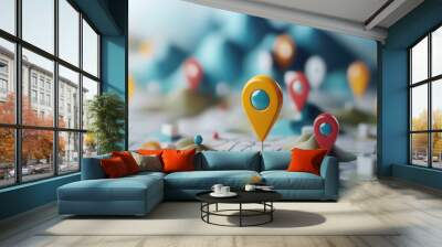 3D map markers in vibrant colors on stylized landscape, showcasing modern design. scene evokes sense of exploration and navigation Wall mural