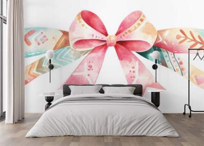 A beautiful watercolor ribbon with bow, featuring tribal designs in soft pastel colors. This artistic piece adds charming touch to any festive occasion Wall mural