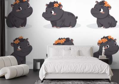 A cute little black baby hippo with fluffy fur and charming expression, adorned with flowers on its head, showcasing playful poses and delightful features Wall mural