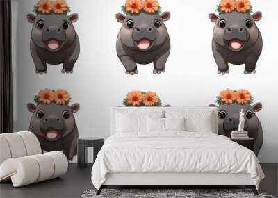 A cute little black baby hippo with fluffy fur and joyful expression, adorned with flower crown, brings sense of happiness and playfulness Wall mural