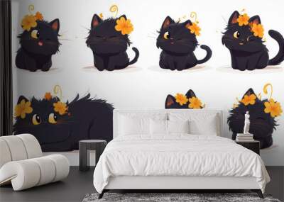 A cute little black cat with fluffy fur and playful expressions, adorned with vibrant flowers, showcases its charm in various poses. This delightful character brings joy and warmth Wall mural