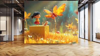 A cute little girl stands on yellow box, mesmerized by large butterfly and accompanied by small cat in vibrant, magical garden. Wall mural