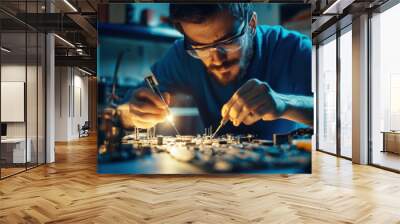 A focused technician is working on circuit board, using precision tools in dimly lit workshop. atmosphere is intense and dedicated, showcasing art of electronics repair Wall mural