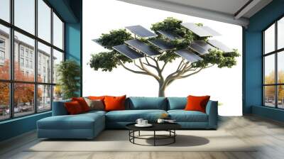 A solar tree with multiple panels as leaves symbolizes eco friendly energy solutions. This innovative design merges nature with technology, promoting sustainability. Wall mural