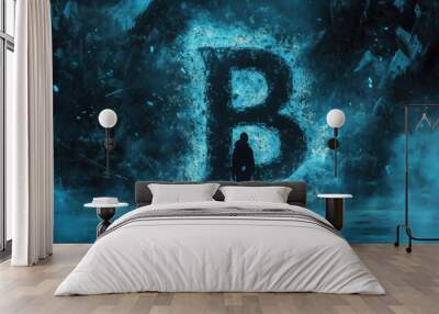 A striking logo of letter B emerges from mystical blue background, with silhouette of person standing in awe. scene evokes sense of wonder and intrigue Wall mural