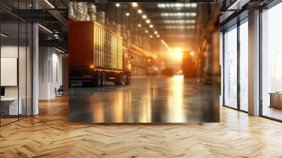 cargo truck unloading goods at warehouse during sunset, creating warm and inviting atmosphere. scene captures essence of logistics and transportation Wall mural