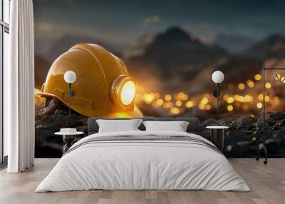 close up of yellow mining helmet with light, resting on rocky terrain. background features blurred landscape with soft glowing lights, evoking sense of adventure and exploration in mining Wall mural