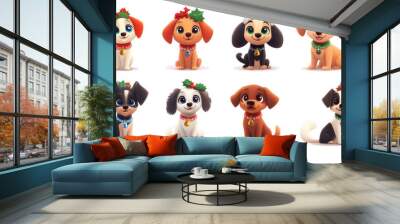 Cute cartoon dogs wearing festive accessories and holiday decorations Wall mural