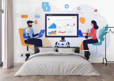 Data driven decision making is enhanced by AI technology, as shown by two professionals analyzing information on laptops while robot assists them Wall mural