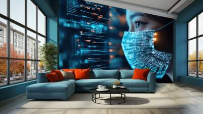 digital mask overlays persons face, symbolizing fusion of technology and identity in futuristic setting. intricate patterns and glowing elements evoke sense of innovation and connection Wall mural