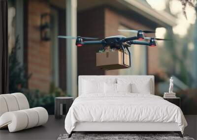 Drone delivering package of fresh groceries to home, showcasing modern convenience and technology Wall mural