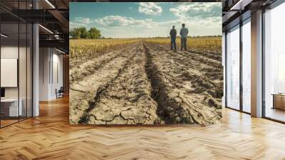 Farmers standing in drought affected field, observing dry, cracked soil and barren crops. scene reflects challenges of agriculture in arid conditions Wall mural