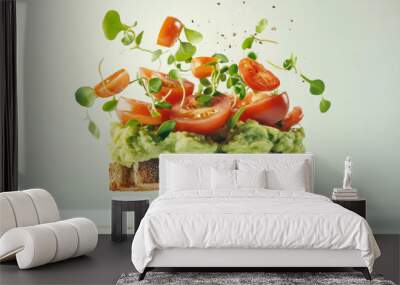 floating toast topped with creamy mashed avocado, fresh tomatoes, and vibrant microgreens creates visually appealing and healthy snack. colors and textures evoke sense of freshness and vitality Wall mural