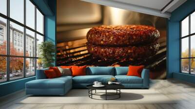 Grilled plant based burger patties sizzling on grill, creating delicious aroma Wall mural