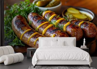 Grilled sausages served on wooden platter, garnished with fresh herbs and accompanied by mustard and pickles, create delicious and inviting meal Wall mural