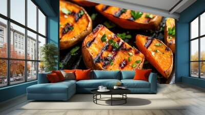 Grilled sweet potatoes with honey drizzle, garnished with fresh herbs, create delicious and visually appealing dish. vibrant colors and textures make it perfect addition to any meal Wall mural