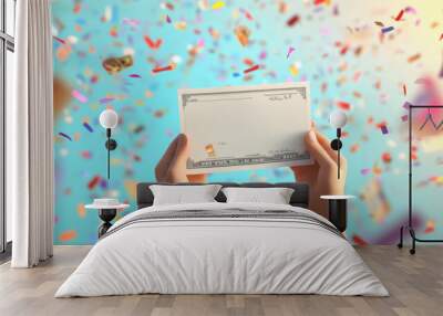 Hands holding paycheck amidst colorful confetti, symbolizing celebration and financial success. This image captures joy of receiving payment and excitement of payday Wall mural