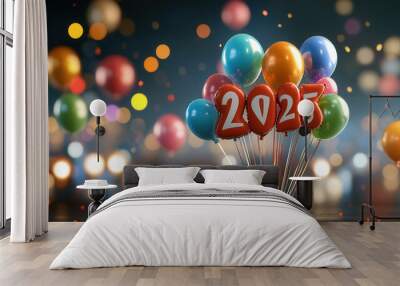 Happy New Year 2025 celebration with colorful balloons in vibrant colors, creating festive atmosphere filled with joy and excitement Wall mural